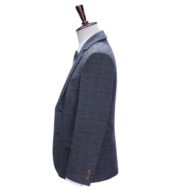 Formal Men's Business Navy Plaid Notch Lapel Blazer