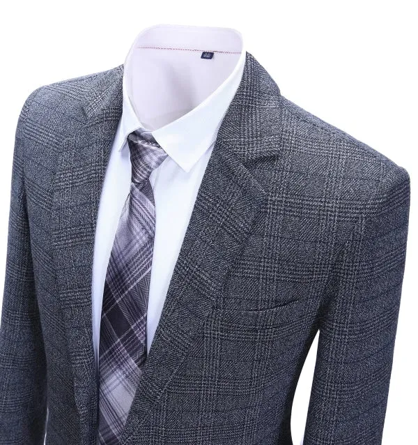 Formal Men's Business Navy Plaid Notch Lapel Blazer