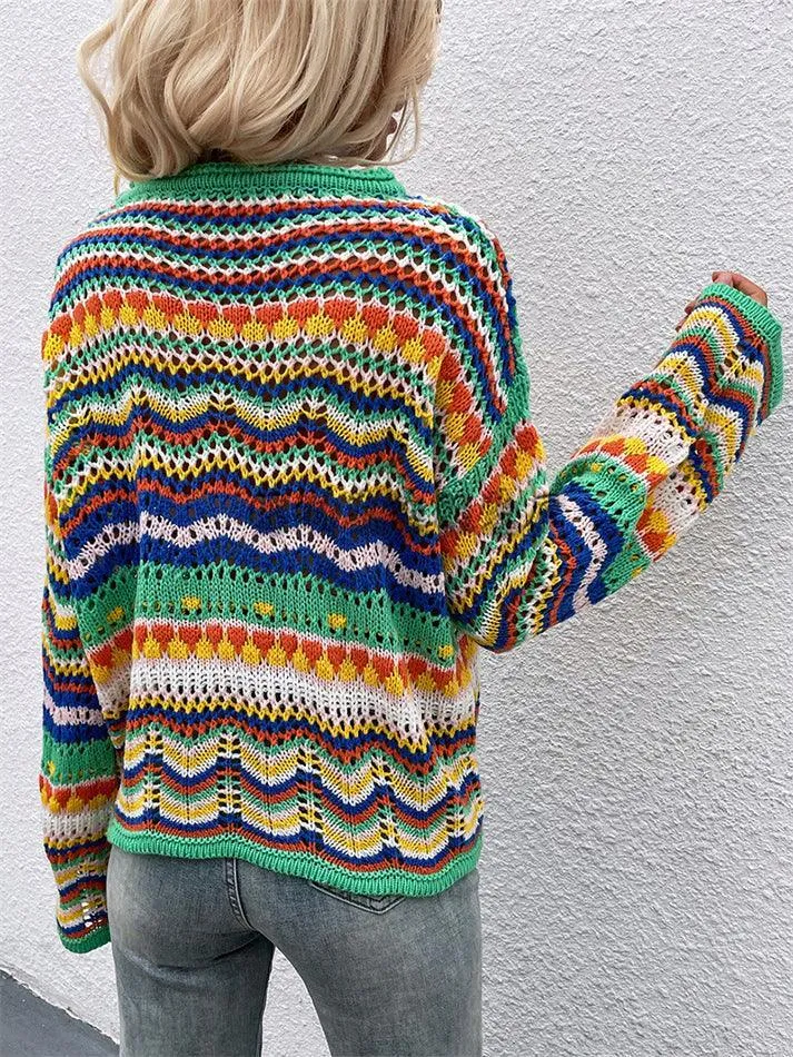 Rainbow Stripe Crochet Knit Sweater