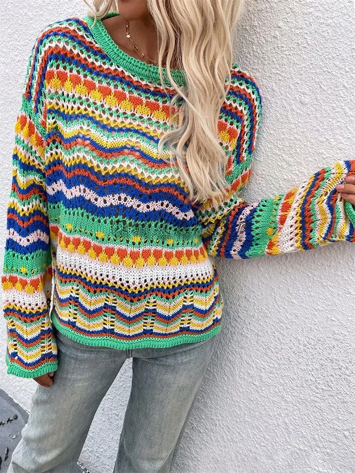 Rainbow Stripe Crochet Knit Sweater