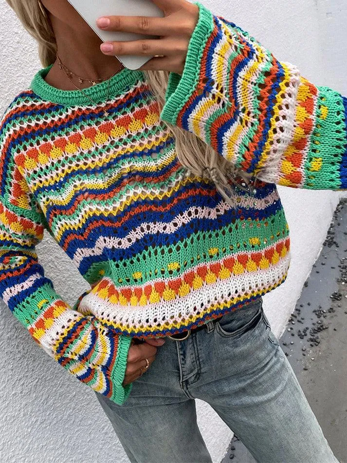 Rainbow Stripe Crochet Knit Sweater