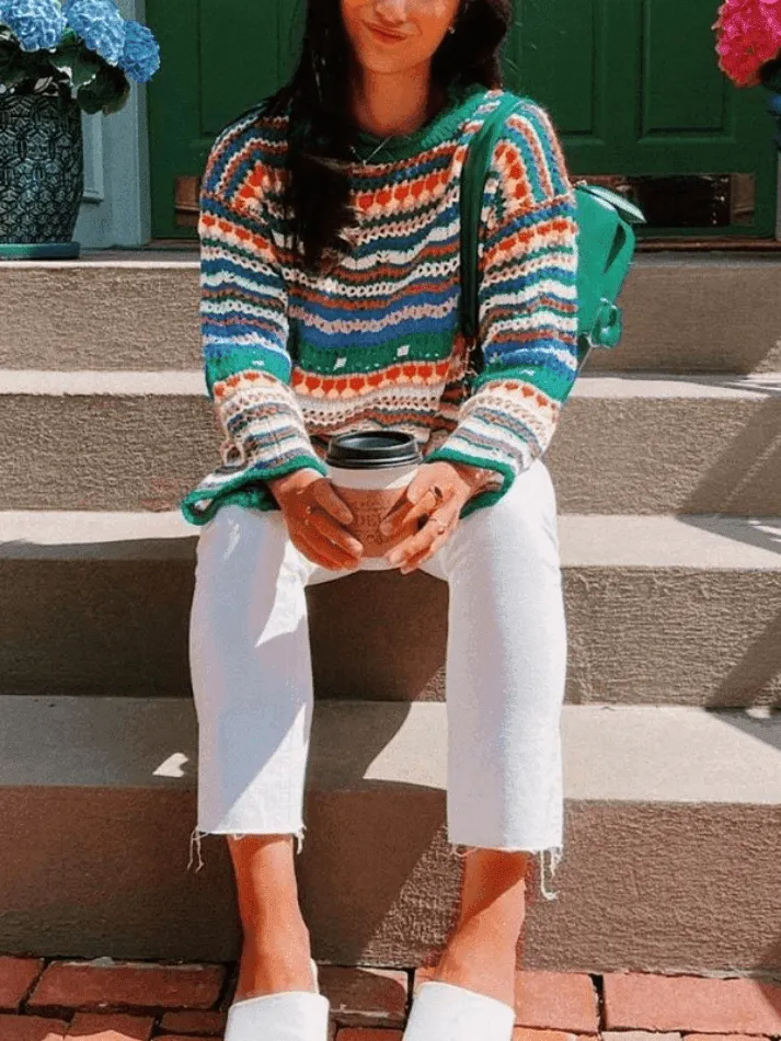 Rainbow Stripe Crochet Knit Sweater