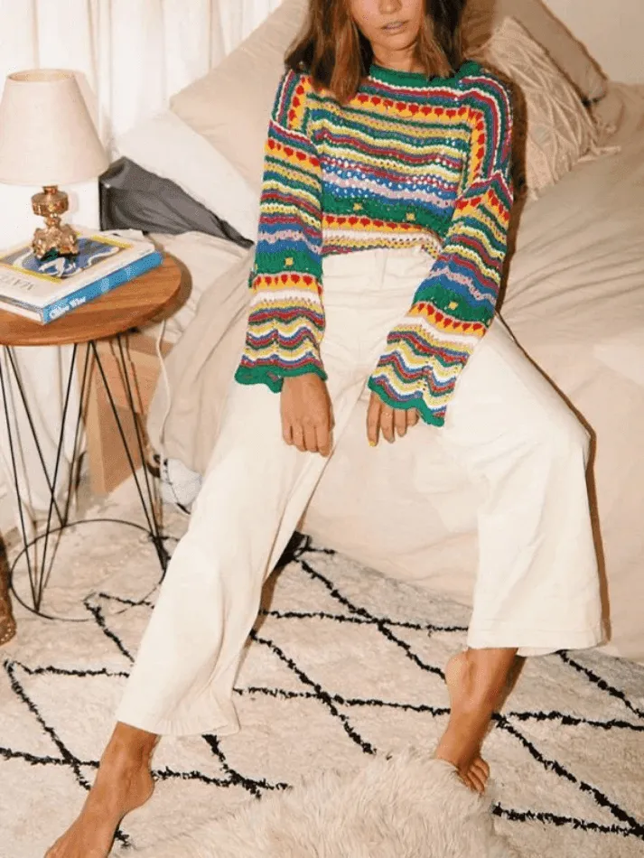 Rainbow Stripe Crochet Knit Sweater