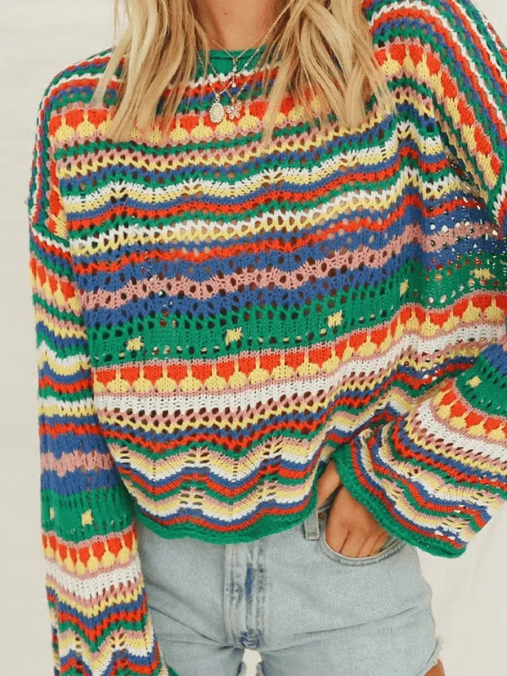 Rainbow Stripe Crochet Knit Sweater
