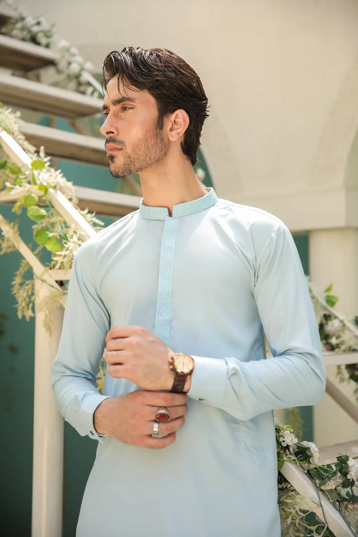 Sky Blue Kurta Trouser - Collar Neck Embroidered - Men