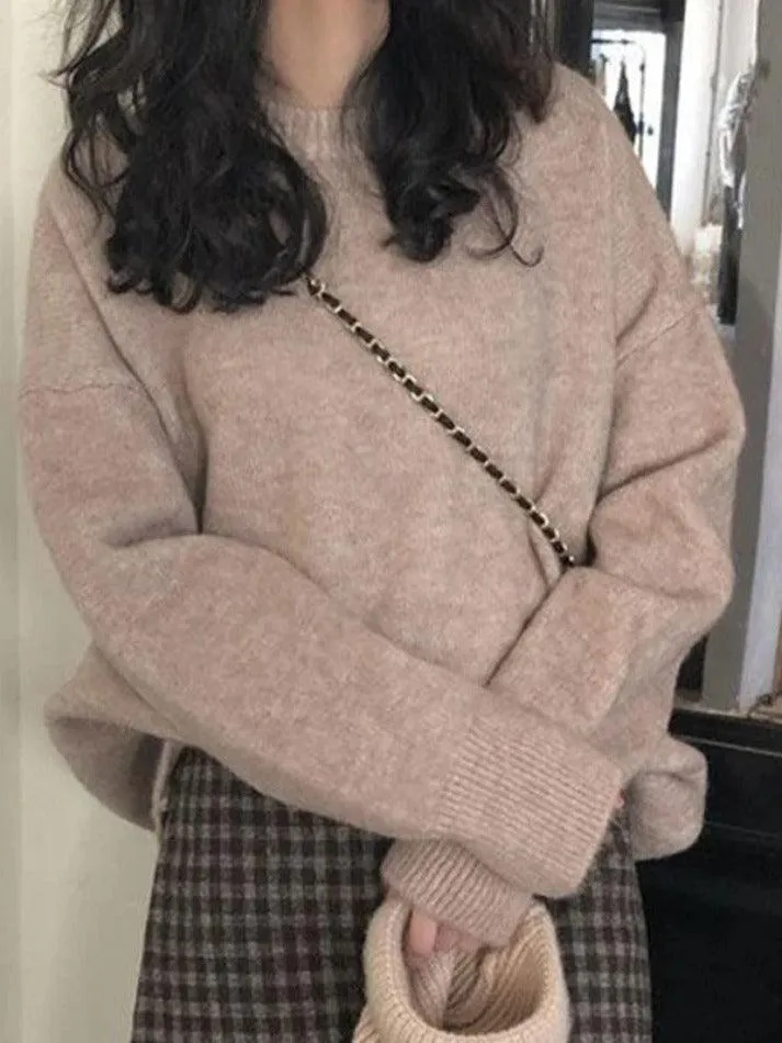 Solid Crew Neck Knit Sweater