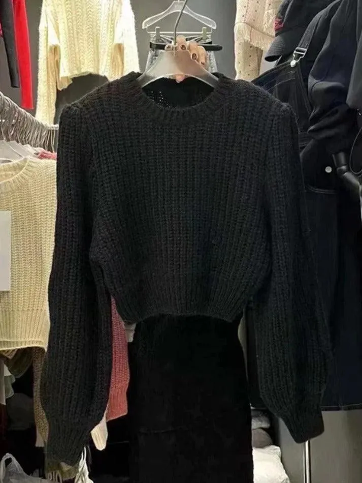 Solid Lantern Sleeve Short Knit Sweater